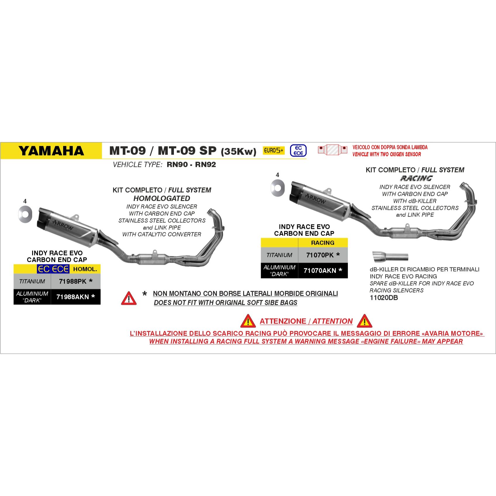 yamaha mt 09 / mt 09 sp 35kw euro 5 2024 2025 arrow exhaust